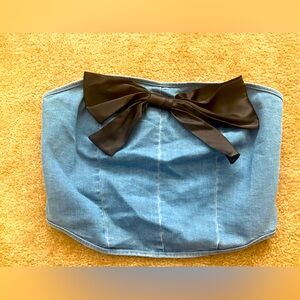 Lulu’s Denim Crop Top w/ Black Bow | Festival Top Y2K